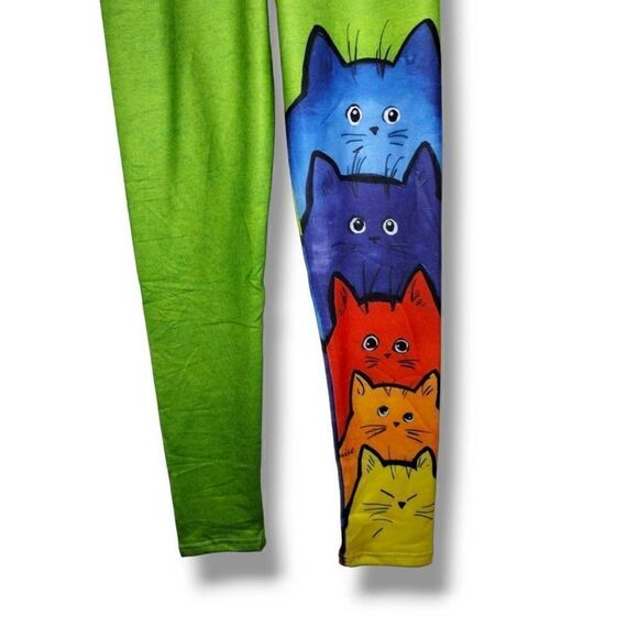 Womens Leggings Sz Small‎ Cats Design Colorful Green Stretch Exercise Activewear - Picture 14 of 14
